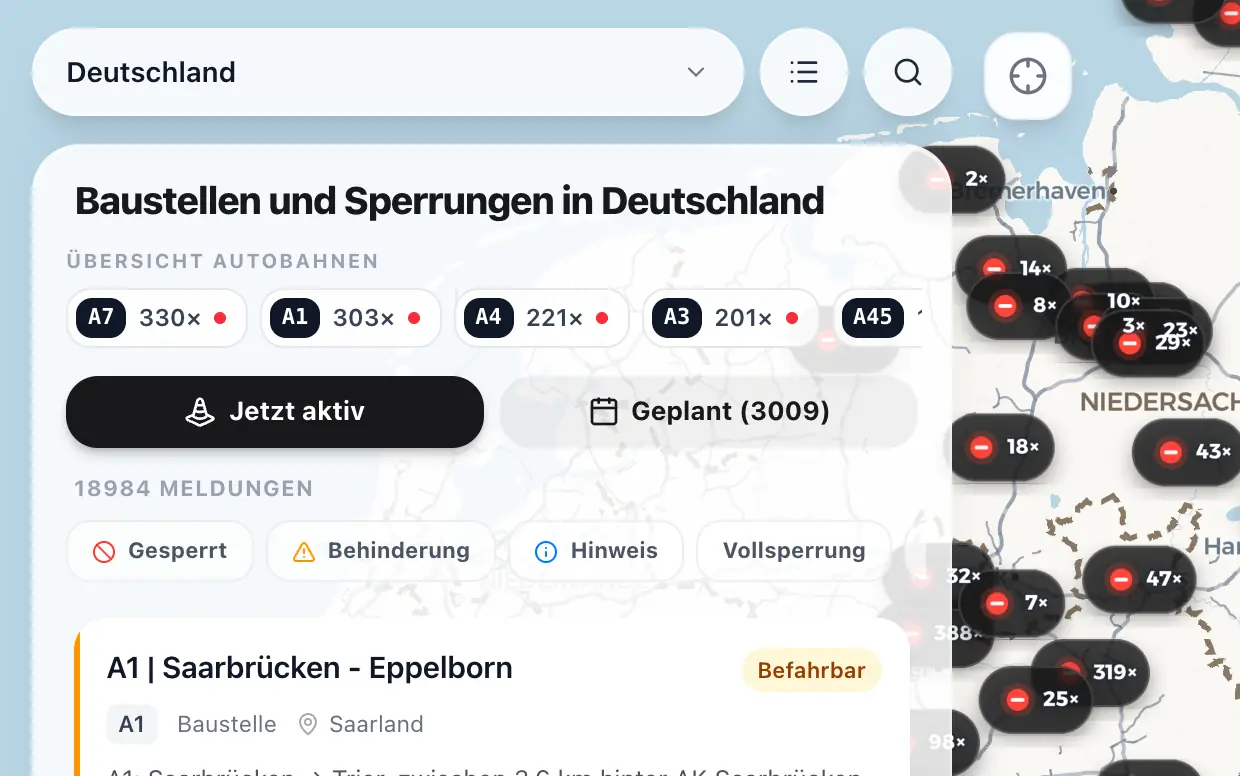 Přehled staveb a uzavírek v aplikaci Baustellen-Radar