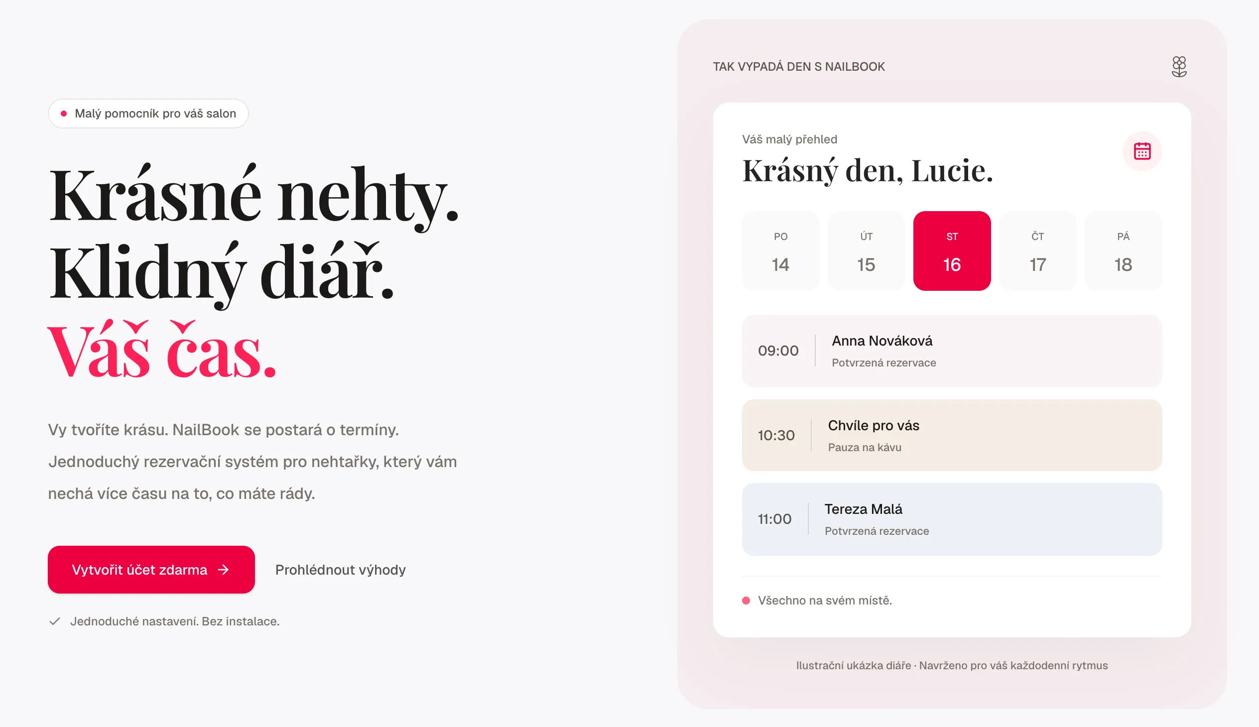 Rezervační systém NailBook s ukázkou diáře