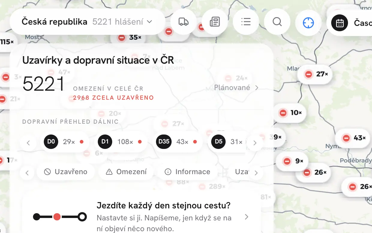 Přehled uzavírek a dopravních omezení v aplikaci Uzavírka.cz